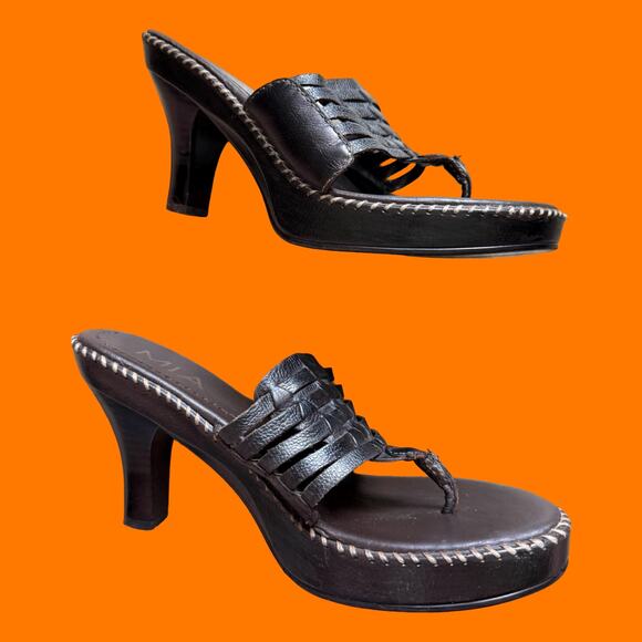 00's vintage dark brown leather platform y2k thong flip flops Size 8.5 *flaws* - Picture 4 of 9